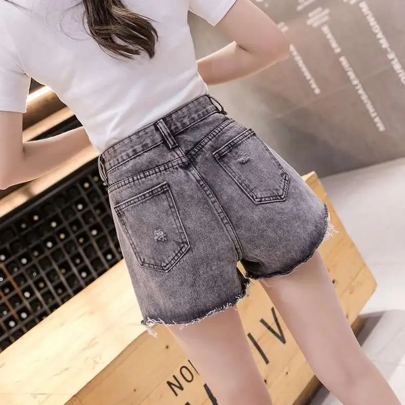 Smoke Grey Denim Shorts Women's High Waist Loose Hole