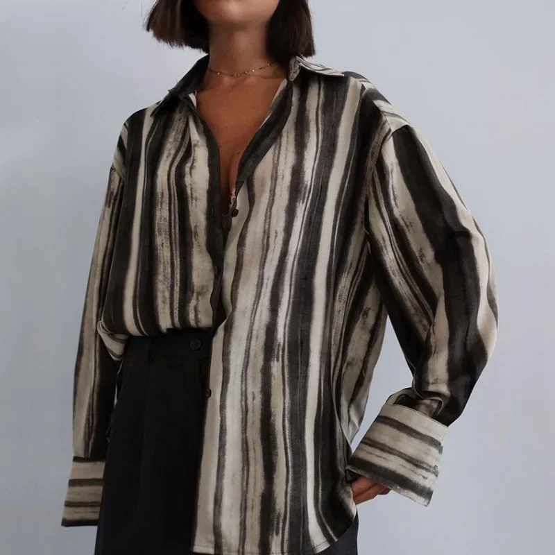 

Vintage Striped Printed Long Sleeve Shirts Lapel Single Breasted Blouse Women Oversize Office Lady Shirt Commuter Y2K Tops