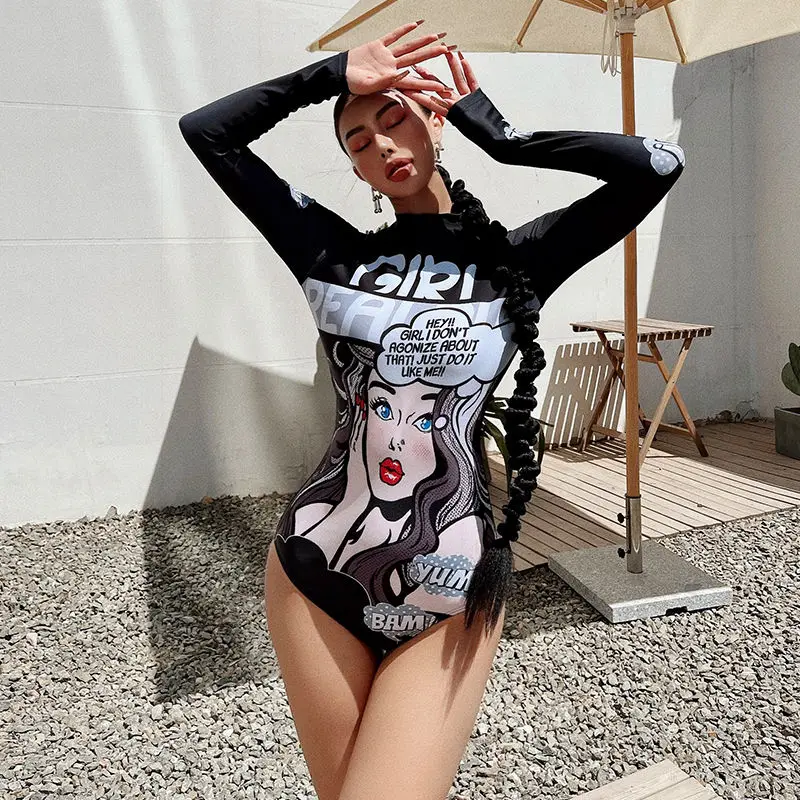 Hikigawa Cartoon Print Slim Long Sleeve Swimwear Casual Chic Fashion Swimsuit Women Suncreen Bodysuits Top Roupas Femininas