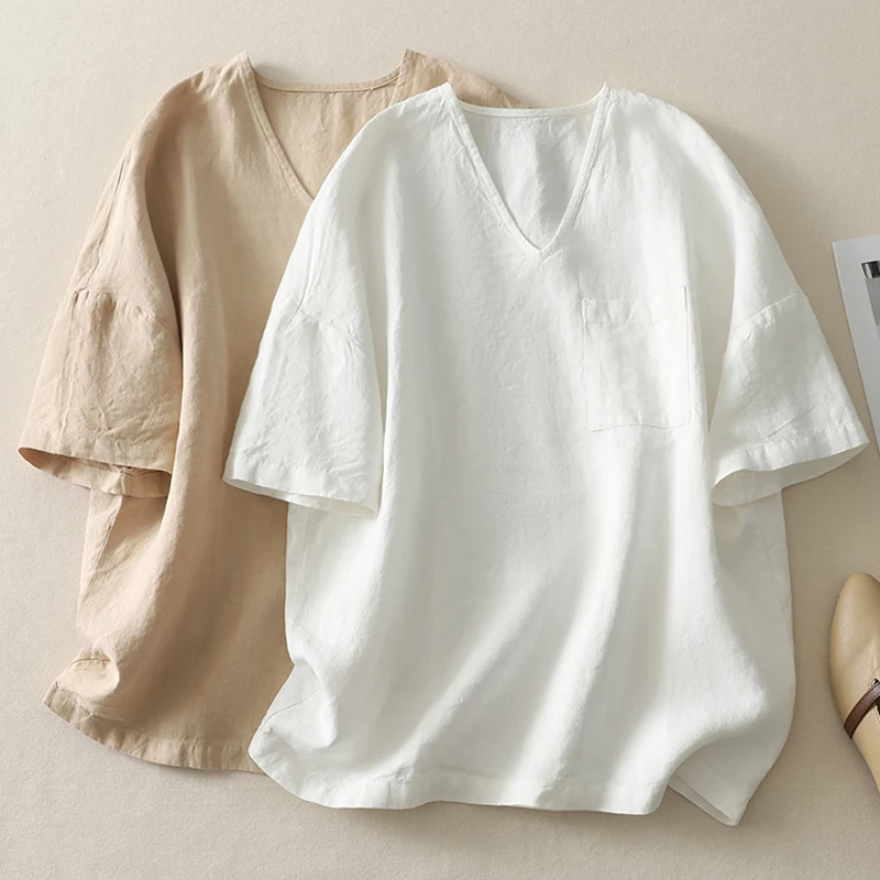 

Cotton linen V-neck tops women's summer new Korean fashion simple seven-minute sleeve cotton casual pullover chiffon shirt