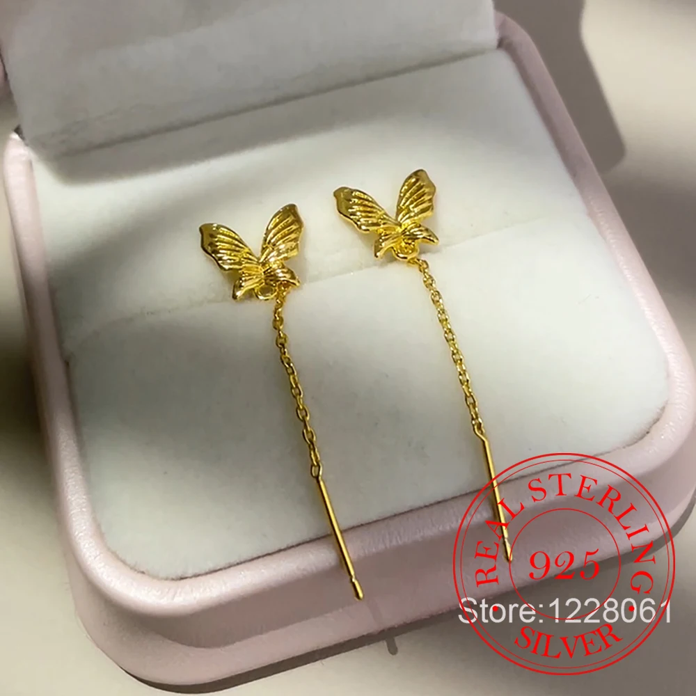 925 Sterling Silver Jewelry 18K Gold Plated Butterfly Tassel Drop Earrings for Women Wedding Party Jewelry For Girls Friend Gift