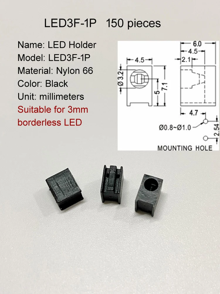 Rechteckige feste Basis aus schwarzem Kunststoff material, geeignet für 3-mm-LED-Halter-Platine mit 90 ° rechtwinkliger Isolation halterung