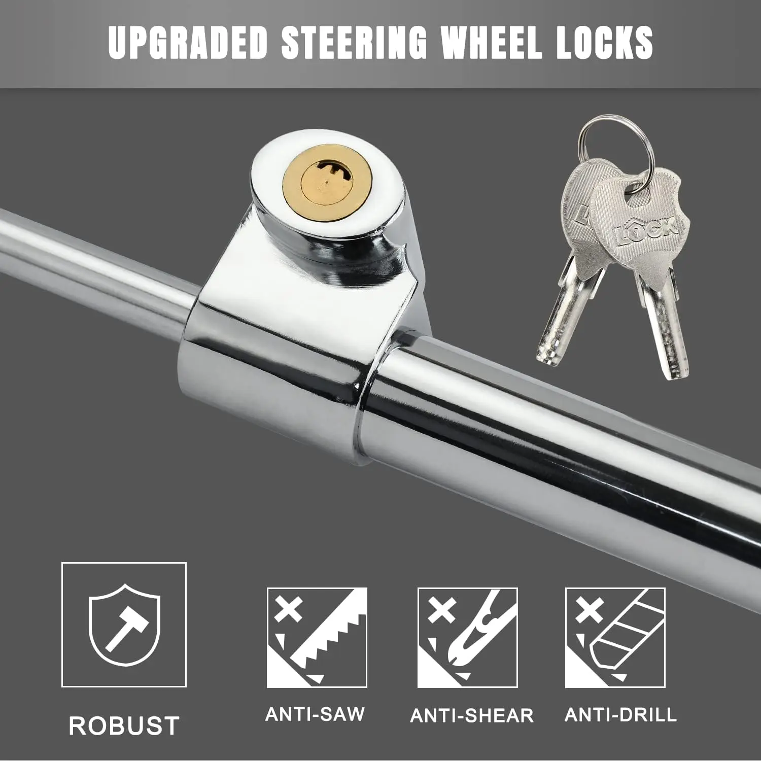 Bloqueio de volante anti-roubo, barra de bloqueio de freio retrátil, trava de pedal de embreagem ajustável para carro caminhão suv van, 2 chaves, prata