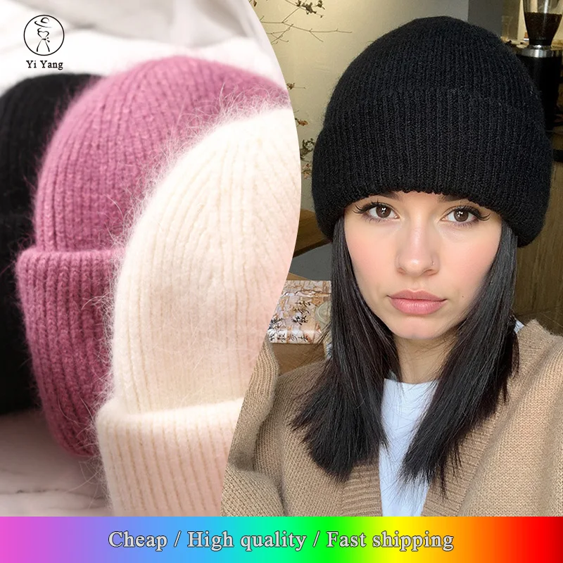 24colors Women Luxury Angola Rabbit Fur Knitted skullies & beanies Women's Hat 2024 Fashion Solid Warm Cashmere Wool Three Fold