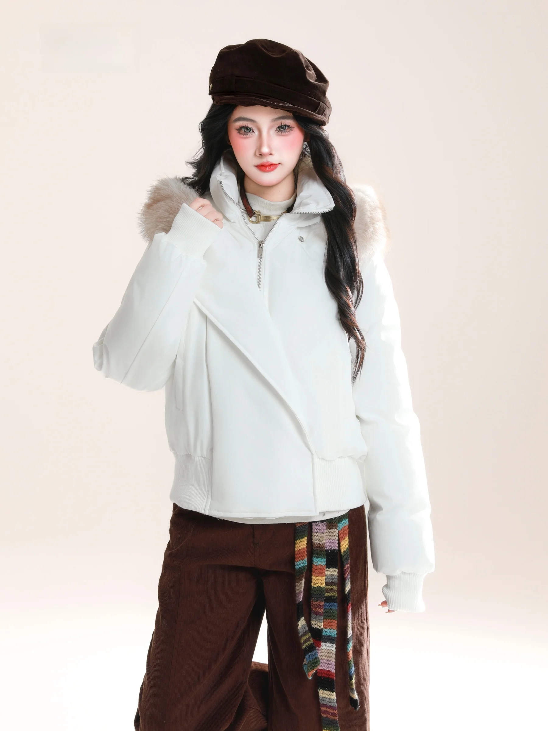 

HM американское ретро белое или Thiened с большим меховым воротником и капюшоном, хлопковое дэт, женское зимнее теплое хлопковое пальто в Корейском стиле