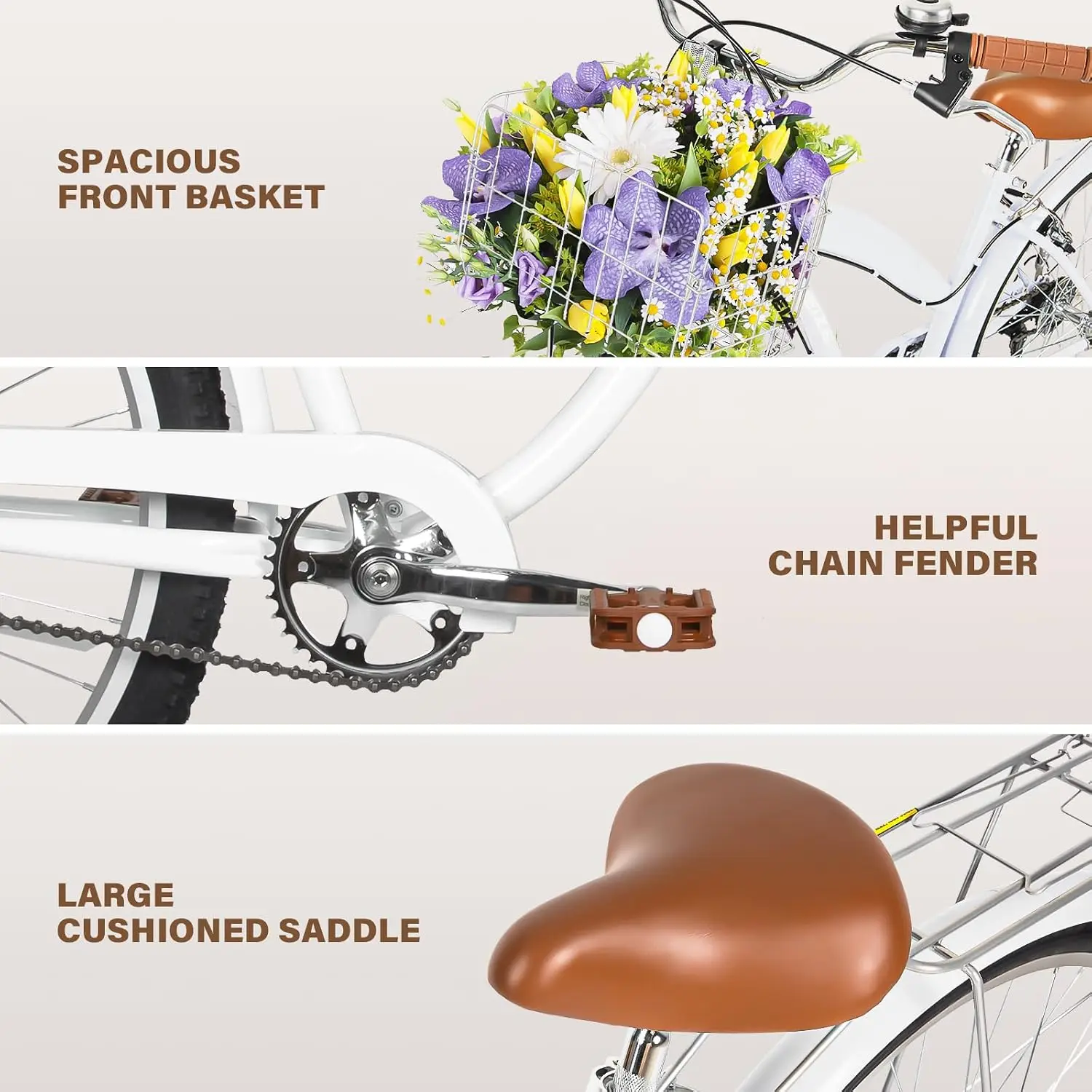 High Carbon Steel, Front and Rear Fenders, Rear Rack, Basket, Comfortable Ergonomic Upright Design, Multiple Color