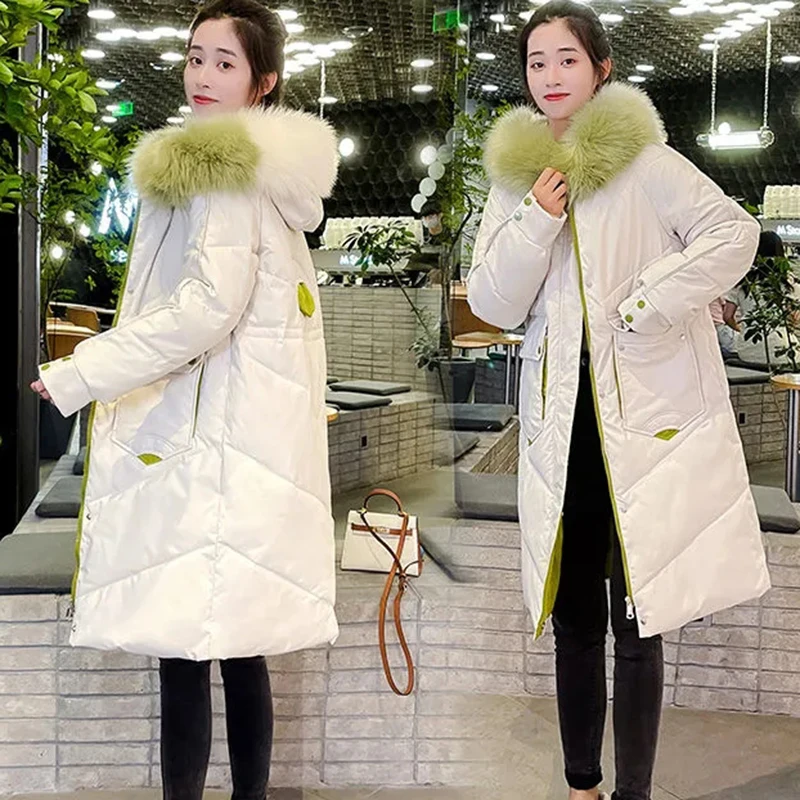 

Long Down Cotton Coat for Women, Hooded Parka, Fur Collar, Female Overcoat, Korean Casual Quilted Jacket, Winter Outerwear, New