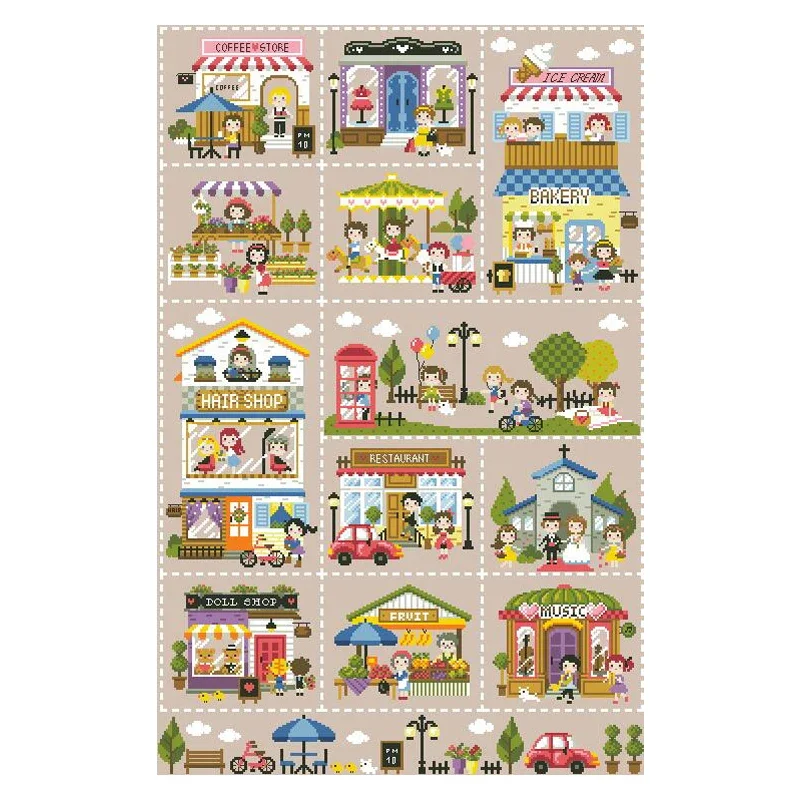 Amishop Gold Collection Lovely Counted Cross Stitch Kit The Mini Village Town Country Countryside City Home SO K8