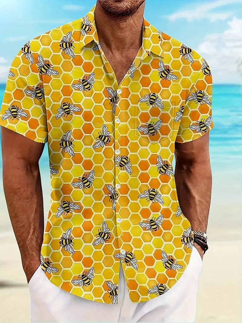 

Cute Bees Graphic Print Short Sleeve Hawaiian Shirt For Men Summer Casual Lapel Button-Up Vacation Shirt Men's Surfing Shirt