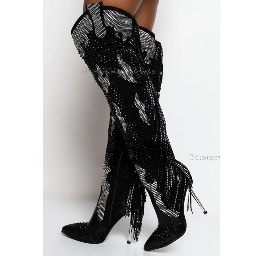 Rhinestone Tassel Knee High Women Boots Pointed Toe Leather Colorblocking Boots Party Wedding Heels 2023 New Zapatos Para Mujere