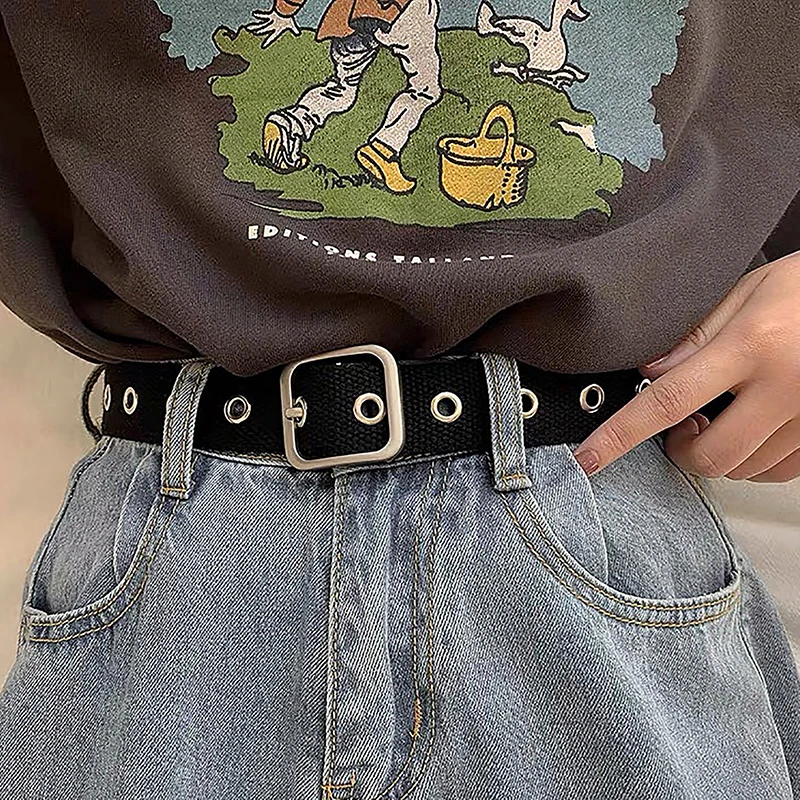 Alloy Heart Square Round Buckle Hollow Unisex Belt Versatile Decorative Canvas Jeans Women's Belt Fashion Ins Style Black Belt