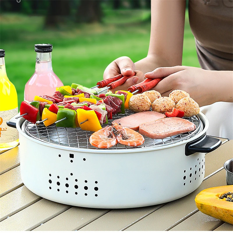 Portable Barbecue Grill Round Charcoal Stove Multi-function Split Small BBQ Stove Non-stick Barbecue Rack For Outdoor Camping