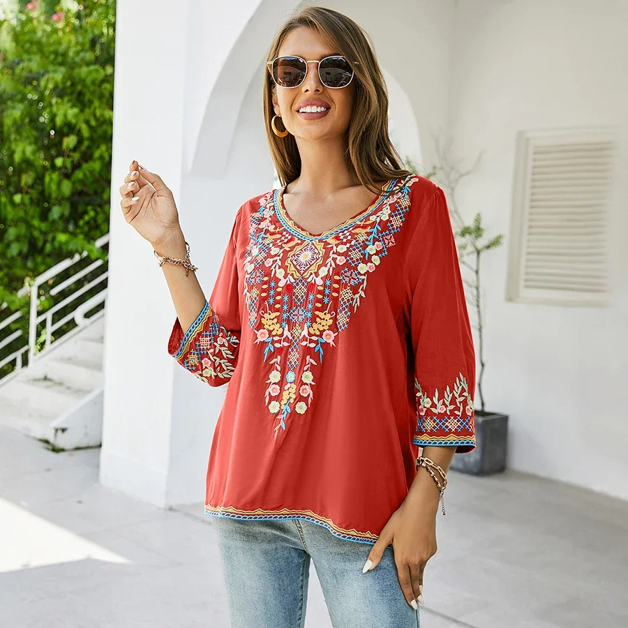 KHALEE YOSE Floral Embroidery Blouse Shirts Boho Vintage Chic Mexican Autumn Blouse 2xl 3xl Ethnic Hippie Women Shirt Blouse