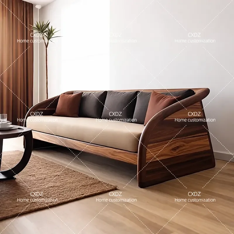 New Chinese Style Black Walnut Straight Row Sofa Solid Wood Living Room Furniture for Small Apartment Modern Minimalist