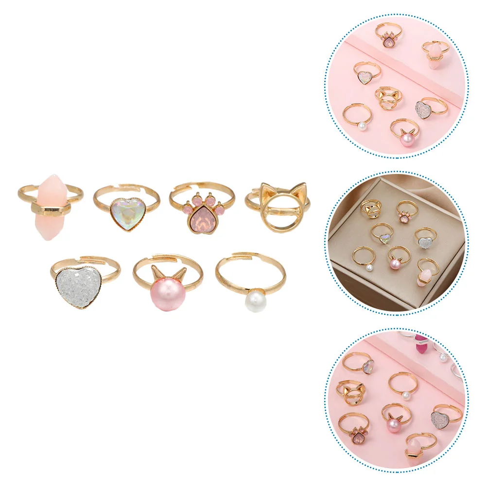 7 Pcs Children's Ring Pearl Jewelry Rings Little Girl Kids Finger Girls Metal Birthday Gifts for Toddler Cartoon