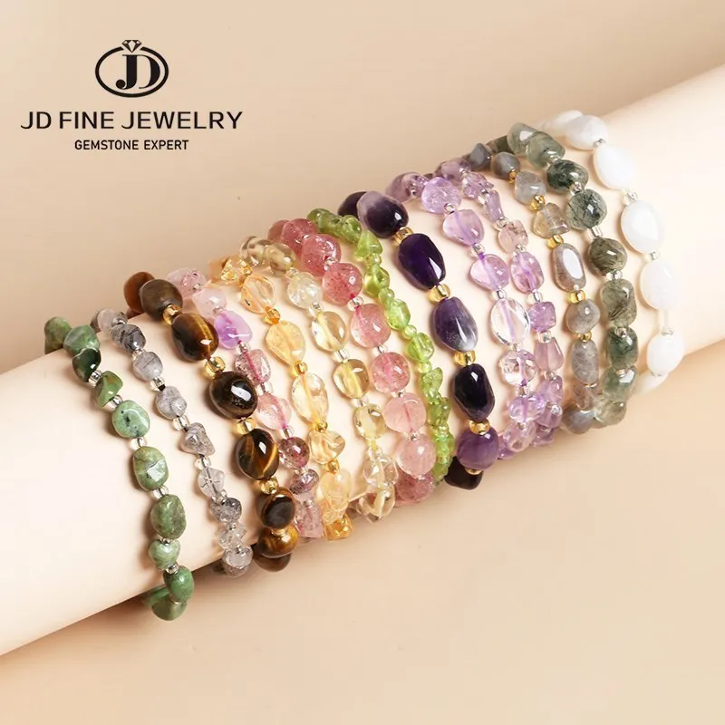 JD Natural Crystal Chip Gravel Stone Bracelets Women Reiki Healing Irregular Amethyst Rose Quartz Bead Bracelet Energy Jewelry