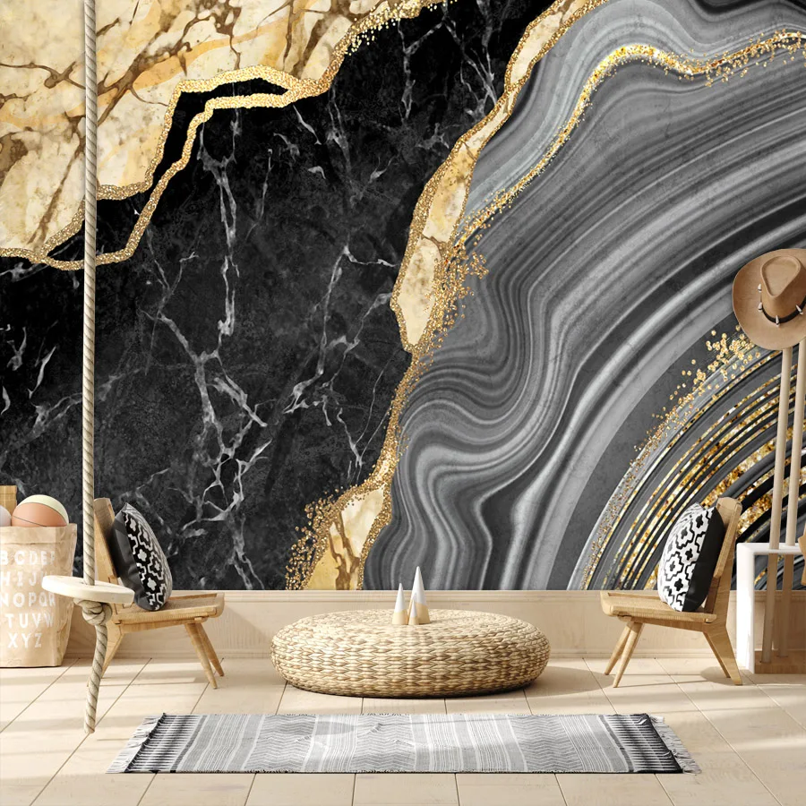 

Modern Custom Peel and Stick Accept Wallpapers for Living Room Black Yellow Marble Pattern Contact Wall Papers Home Decor Murals