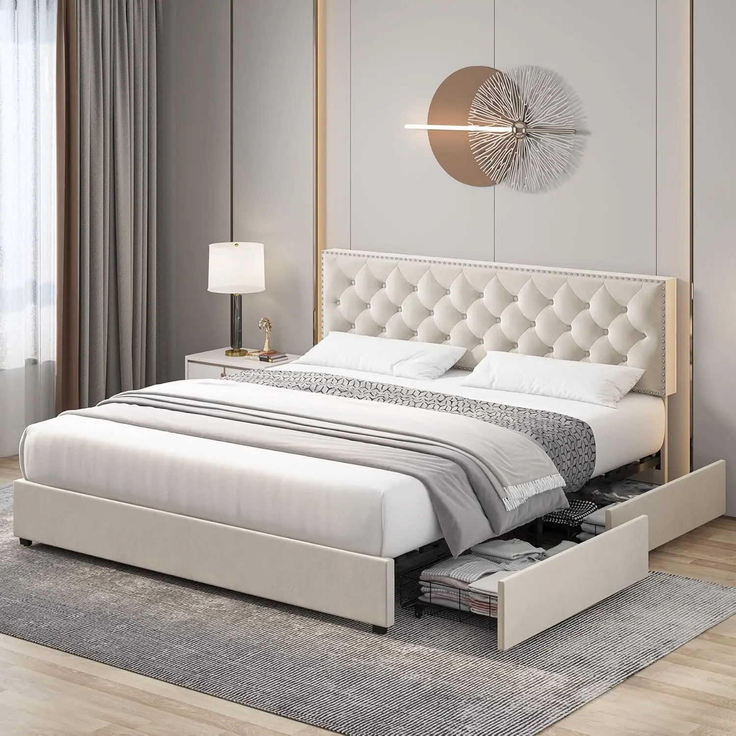 HOSTACK King Size Bed Frame with 4 Storage Drawers, Modern Upholstered Platform Bed with Adjustable Headboard,Button Tufted Bed