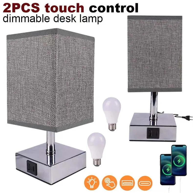 

2PCS Touch Dimmable Desk Lamp Bedside Light with USB C+A Ports Rechargeable Light for Bedroom, Living Room Eye Protection