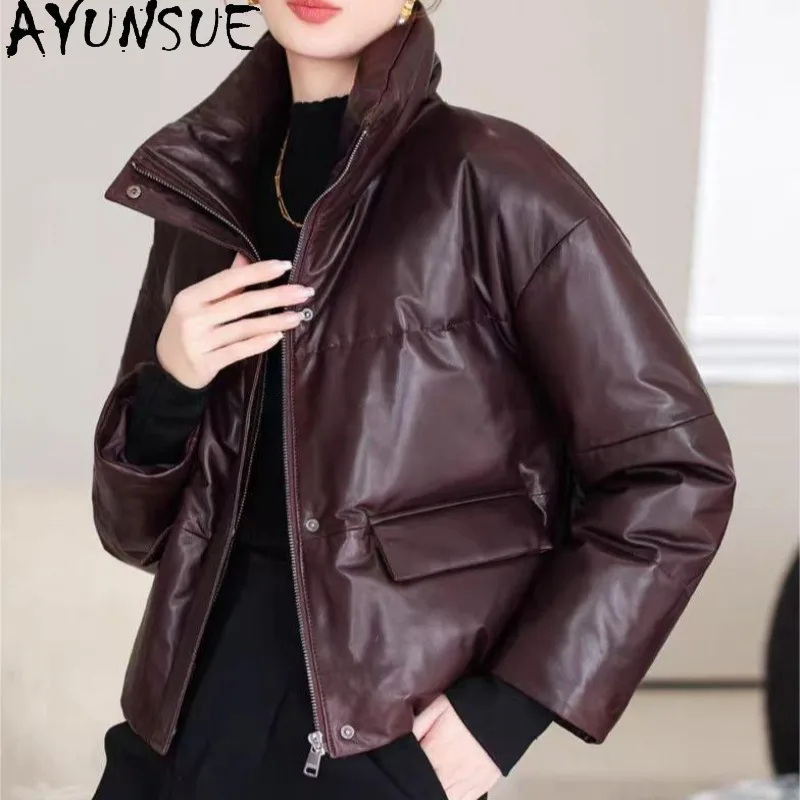 AYUNSUE Women's 90% White Goose Down Real Leather Jackets Fashion Warm Women Winter Coat Oil-wax Sheepskin Jacket Woman Clothes