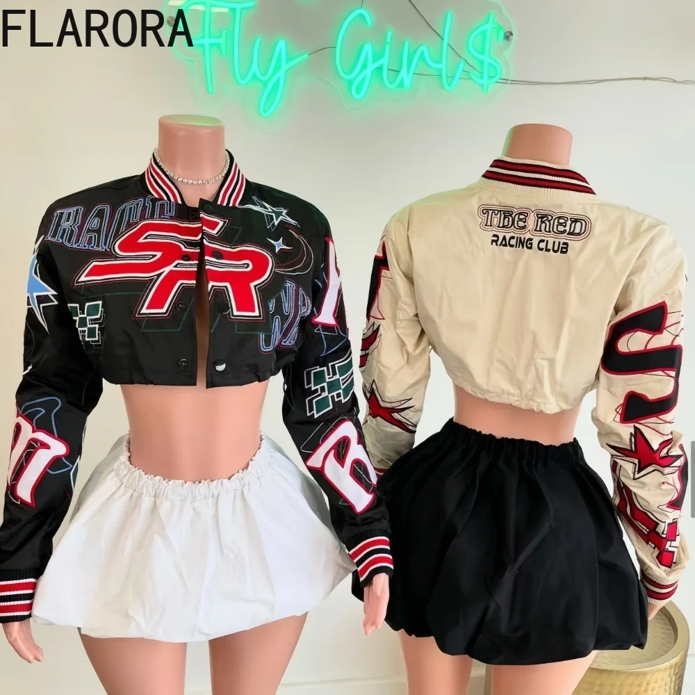 FLARORA Retro Letter Print Embroidered Baseball Jackets Woman Long Sleeve Stand Collar Crop Coat Autumn Y2k Streetwear Jacket