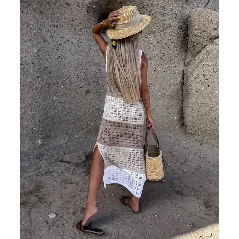 2024 الكروشيه التستر الشاطئ محبوك مثير الجوف خارج فستان صيفي المرأة فستان الشمس انظر من خلال تونك البيكينيات التستر بحر