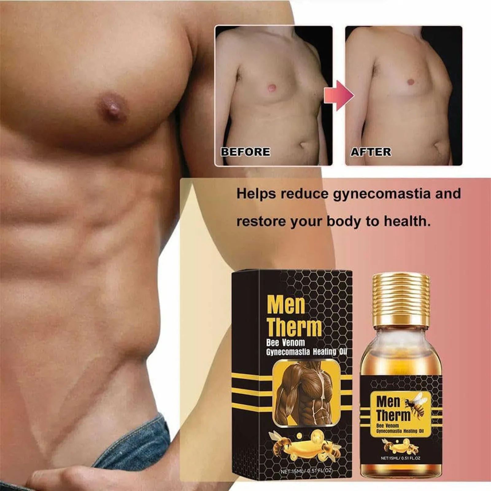 15ml Men Bee Gynecomastia Heating Oil Breast Shaping Breast Firm Massage Serum Breast Tighten Oil Skin Care Healthy Gift for Men