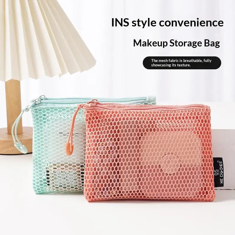 Breathable Mesh Cosmetic Storage Pouches With Smooth Zipper For Travel Small Makeup Organizing