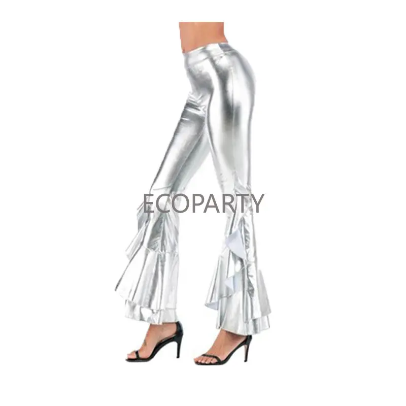 New Sexy PU Leather Metallic Pants Shiny Gilding Holographic Flare Pants Women Girls Elastic Waist Bell Bottom Trousers Clubwear