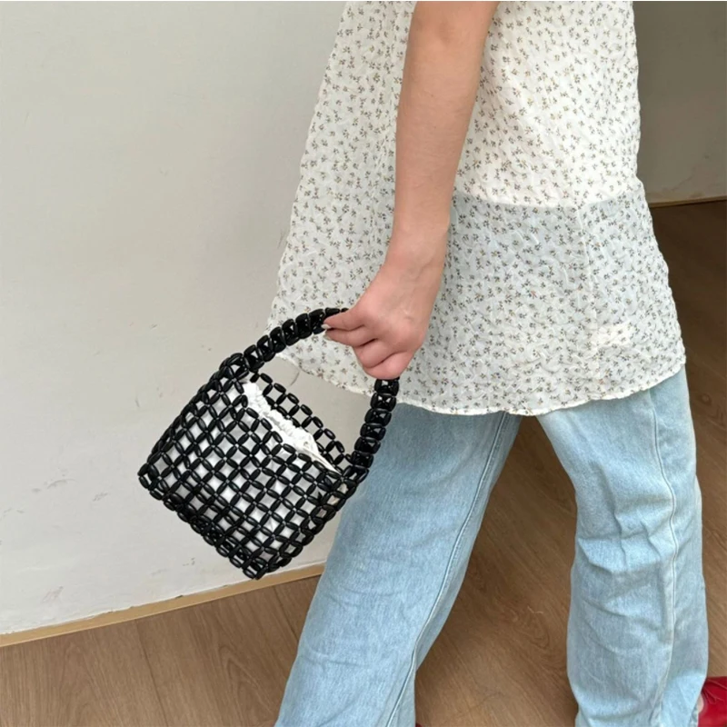 

Sweet Hollow Small Square Bag Niche Design Handmade Beaded Woven Bag Korean Fashion Handbag New Casual Versatile Pure Color Bags