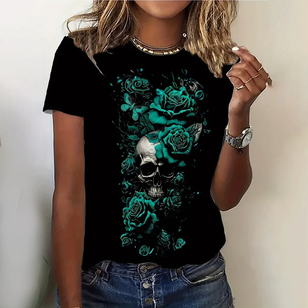 

3d Skull Printed Women's Short Sleeve T-Shirts Loose Casual Black Tops O-Neck Tees Streetwear Harajuku Summer Women Clothing