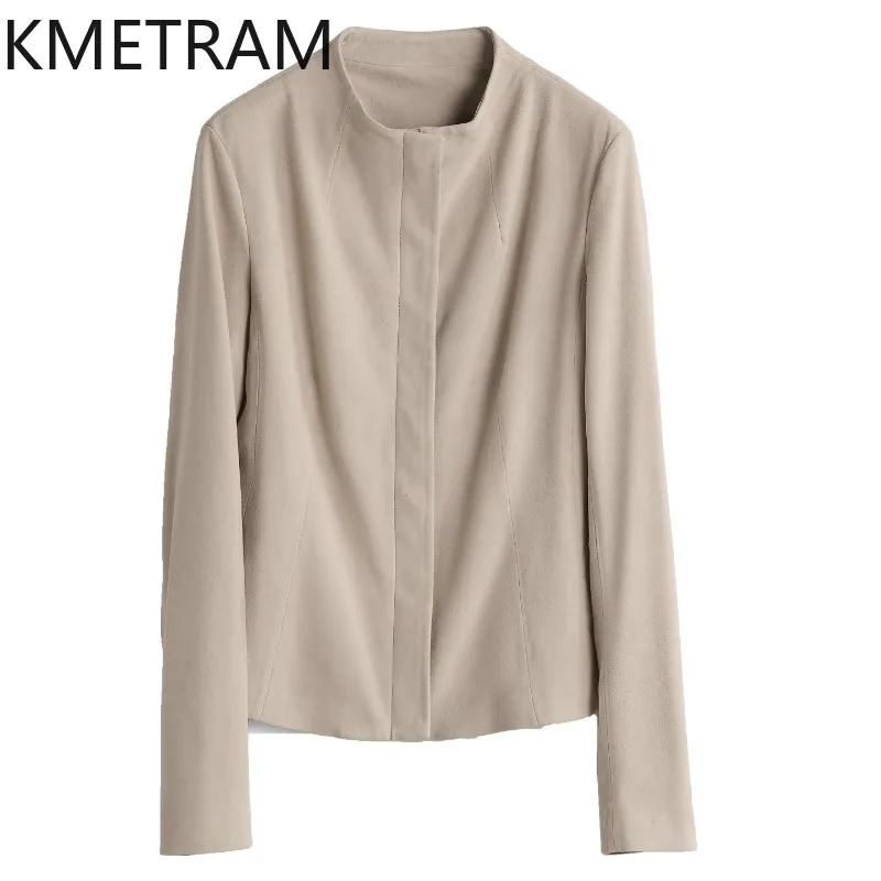 KMETRAM Genuine Leather Jacket Woman Slim Fit Outerwear Crossbred Sheep Suede Jackets Woman Stretch Leather Coats Short Jaqueta