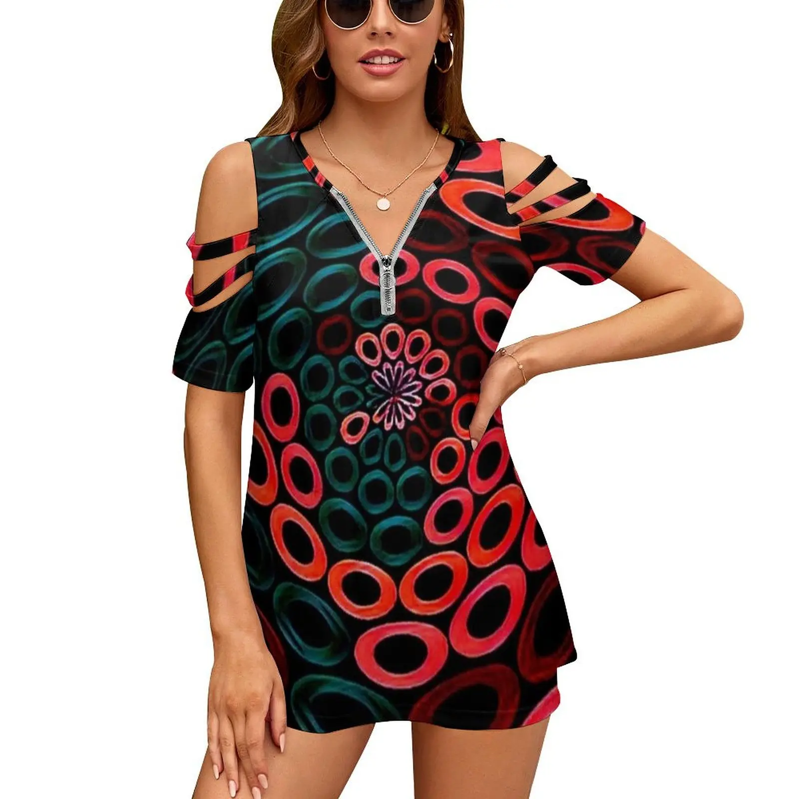 Doughnut Holes 2 Women Zipper Various styles Printed T Shirts Tops Full Print T-Shirt Doughnut Circles Resticulation Pattern