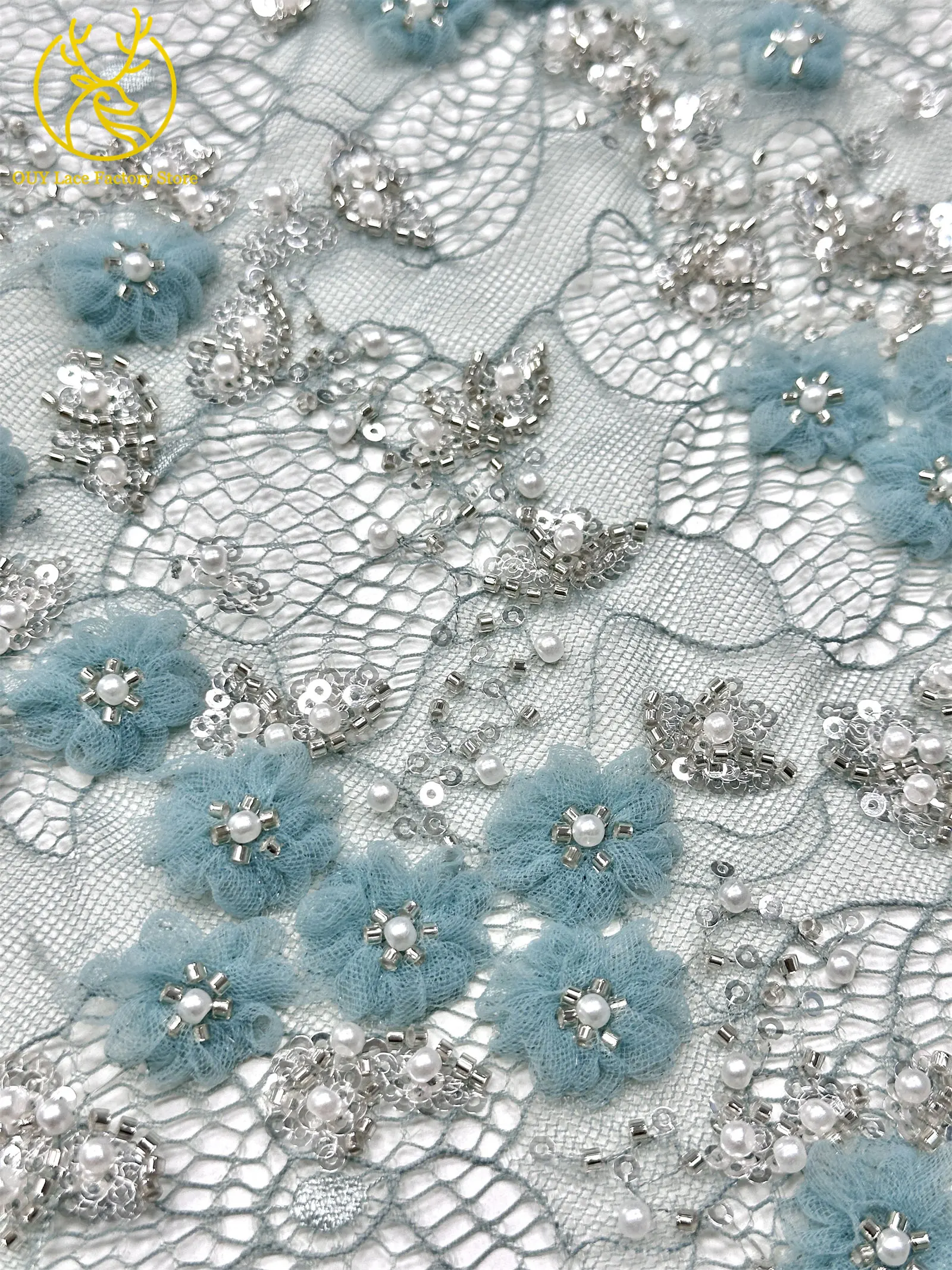 Französische Stickerei, kleiner Pflaumenblüten-Perlen-Spitzenstoff, exquisiter nigerianischer Perlen-Pailletten-Spitzenstoff für Hochzeitskleider zum Nähen – Detail 8