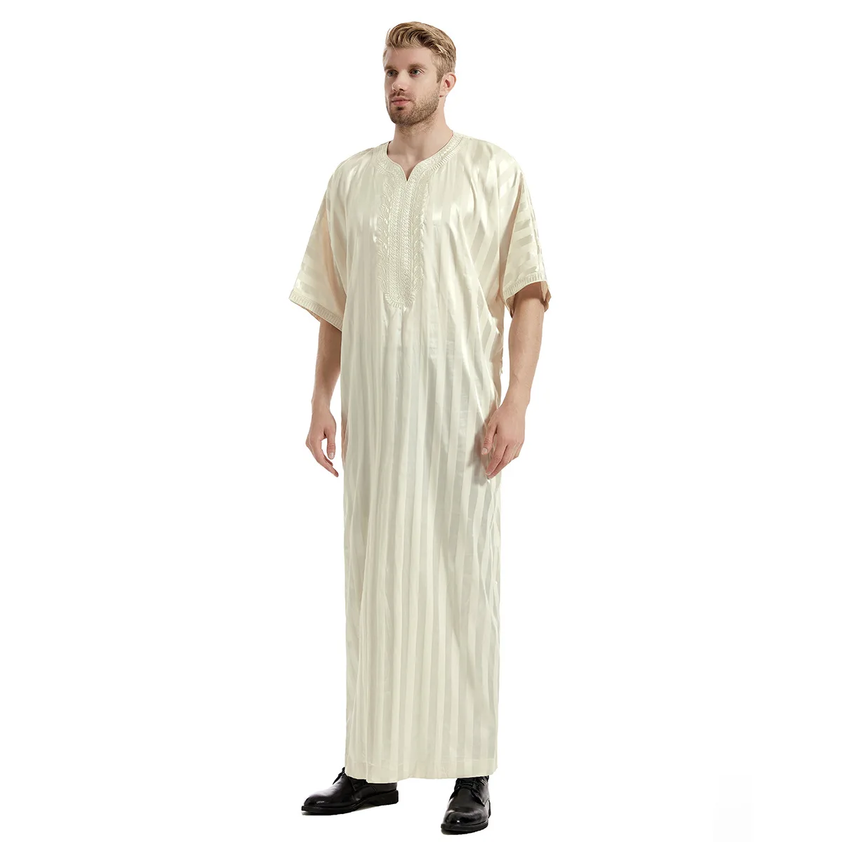 Men Muslim Kaftan Vintage Short Sleeves Abaya Jubba Thobe For Men Loose Dubai Saudi Arab Islam Clothing Prayer Robe S-3xl