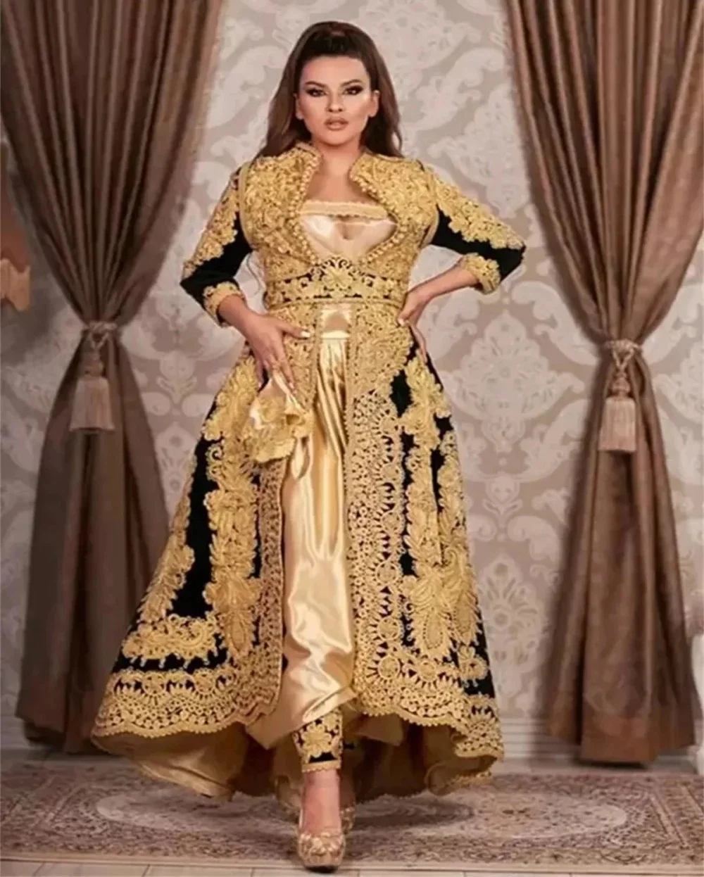 Spitze Marokkanischer Kaftan Kaftan Muslimische Abendkleider A-Linie 3/4 Ärmel Applikationen Dubai Arabisch Abaya Islamisches Kleid Maßgeschneidert