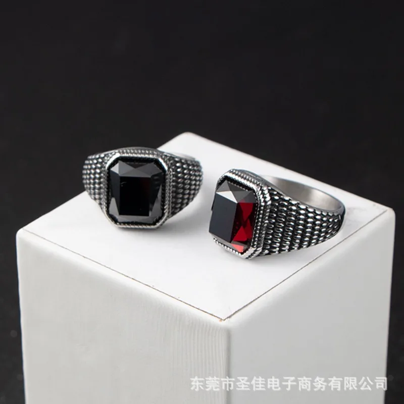 خاتم الزركون من الفولاذ المقاوم للصدأ للرجال، مجموعة الحجر خاتم مجوهرات من الصلب والتيتانيوم عتيق من الياقوت SA1152