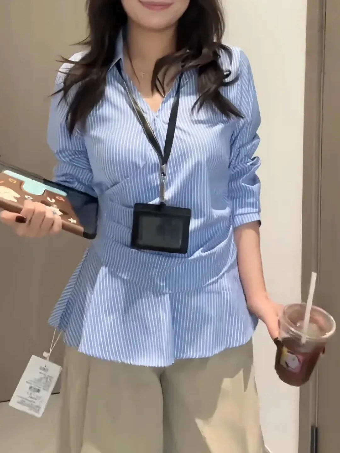 

plus Size Women's Striped Pleated Waist Long Sleeve Shirt Korean Style Unique Beautiful Summer New Fashion Commute Wind Shirt