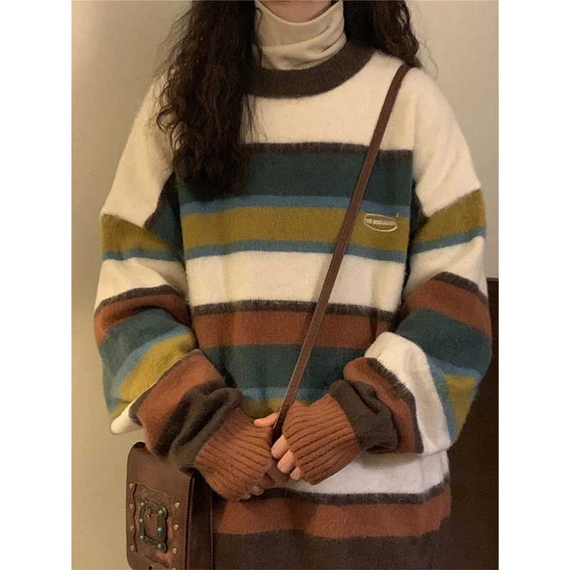 Harajuku Striped Sweater Women Oversized Knitted Pullovers Japanese Vintage Patchwork Jumpers Winter Preppy Korean Knitwear New