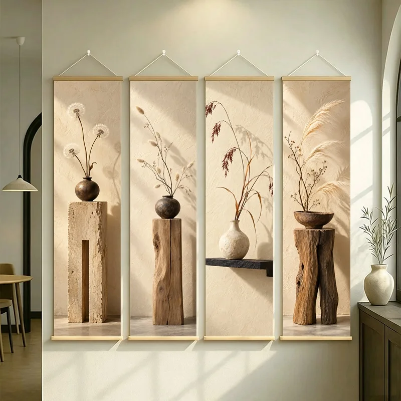 Wall Decor Red Sedge and Dandelion Seed, Serene Wabi-Sabi Botanical Silver Shimmer Canvas Hanging Scroll for Reading Nook