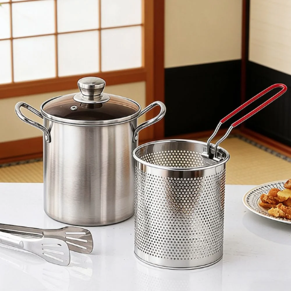 304 Stainless Steel Deep Frying Pot with Filter Basket Glass Lid Tempura Fryer Mini Rust-proof Soup Pot Induction Cook-top