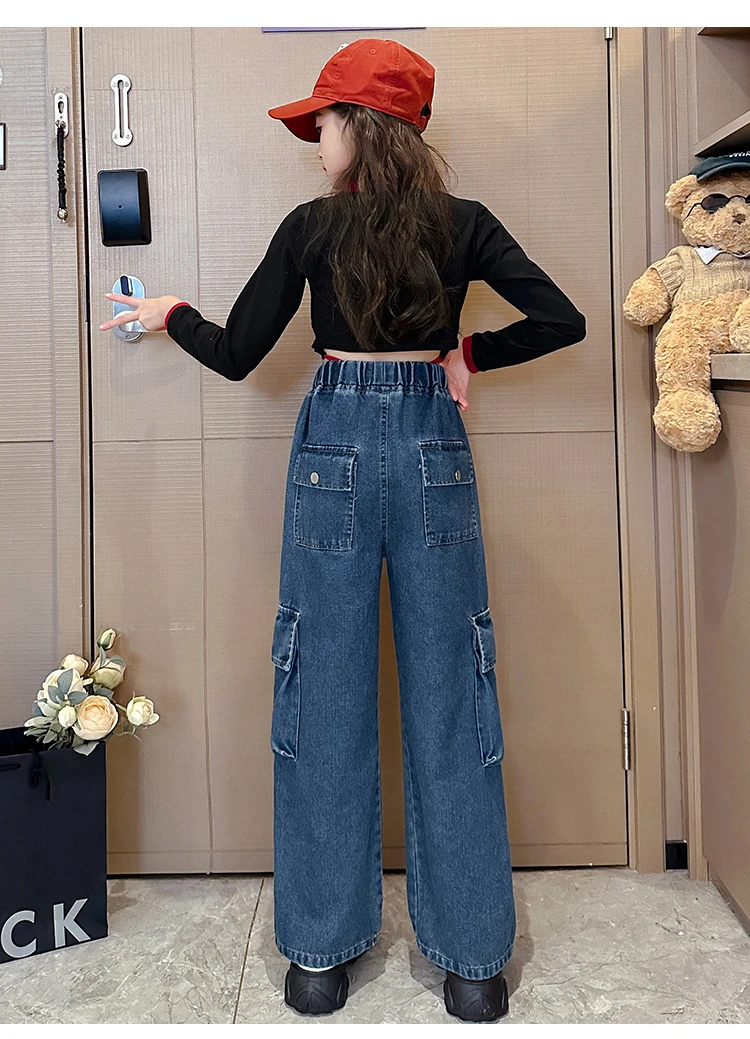 Vintage blaue Cargo-Jeans für Mädchen im Teenageralter, gerade geschnitten, mit Seitentaschen, Kinder-Mode, Street-Style, Jeanshose für Teenager. – Detail 6