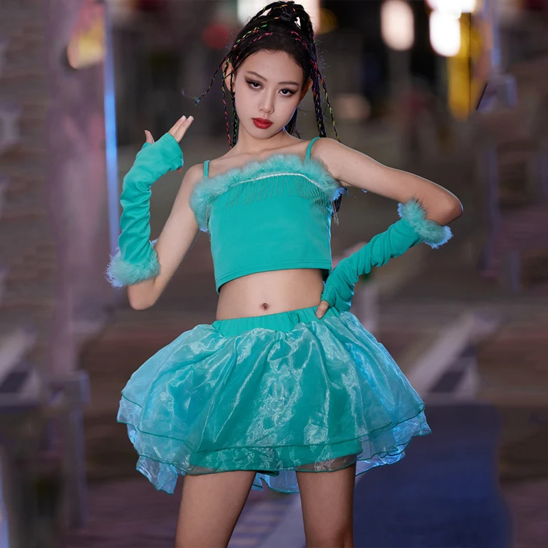 2024 Jazz Modern Dance Costumes For Girls Blue Tops Mesh gonne Suit Streetwear bambini Hip Hop Dance Stage Clothes DN17463