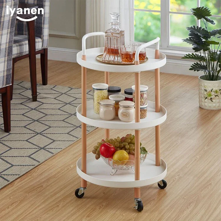 3 Tiers Round Basket Platform Cart Home Kitchen Mobile Storage Hand Trolley Large Capacity Rolling Utility Cart