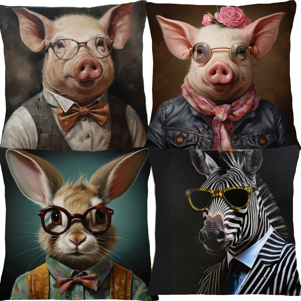 Victorian Farm Animals Portraits Cushion Cover Pig Maltipoo Dog Cat Bunny Cheetah Zebra Print Decor Pillow Case