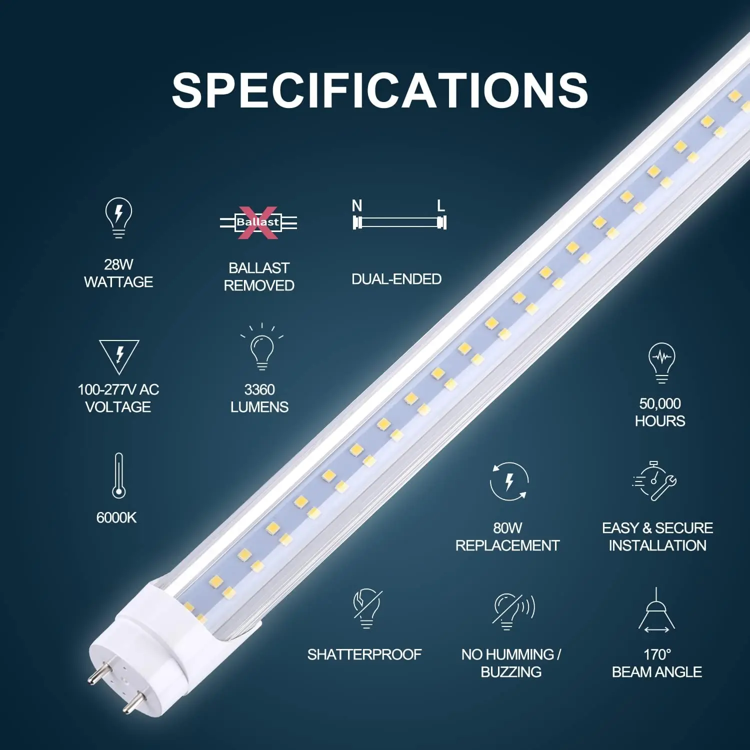 T8 LED Tube Light Two Rows LED Chips 4FT 28W, 80W Replacement LED Bulb Lights, 3360 Lumens, Cold White 6000K,