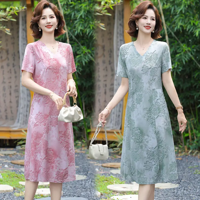 

Summer New Chinese Style V-Neck Short Sleeve Dress Elegant Middle-Aged