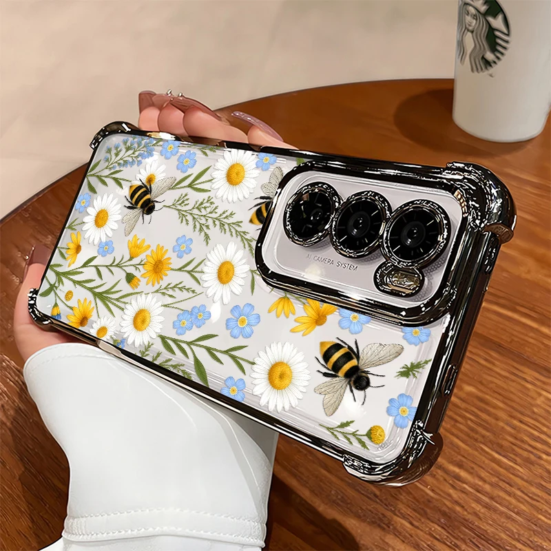 Cute Bee Daisy Floral Pattern Phone Case For OPPO Reno 11 Pro 11F 10 8T 8Z 7 6 Lite 5 4 Anti Scratch Plating Silicone Cases Capa