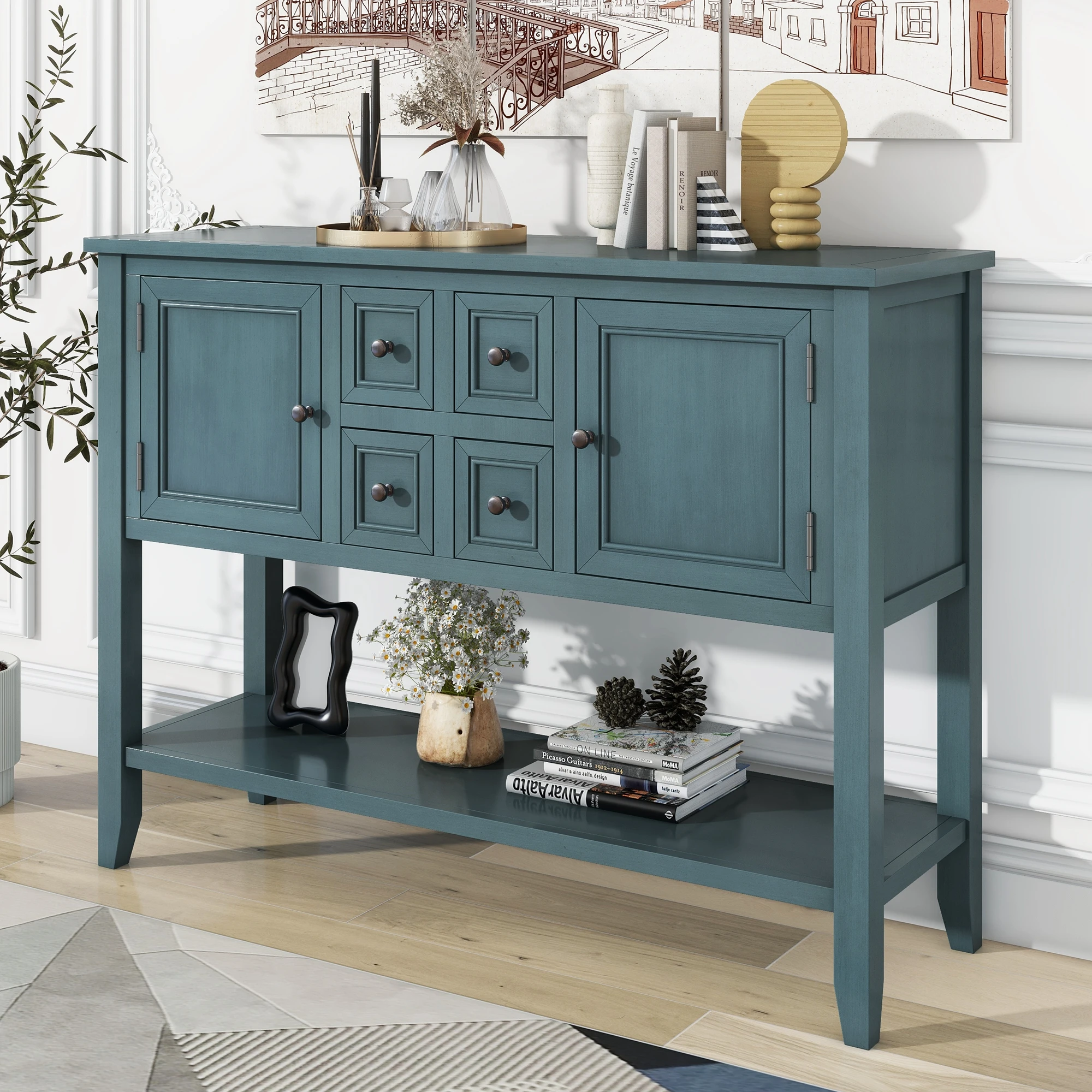 Spacious storage retro console table with four small drawers and bottom shelf, suitable for living room and kitchen (dark blue)