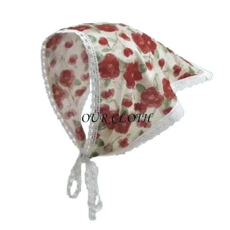 Fashionable Triangular Headscarf Flower Pattern Lace Trim Headcover for Daily Use Y1AC